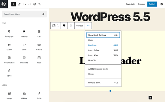 Изменения пользовательского интерфейса редактора блоков в wordpress 5. 5